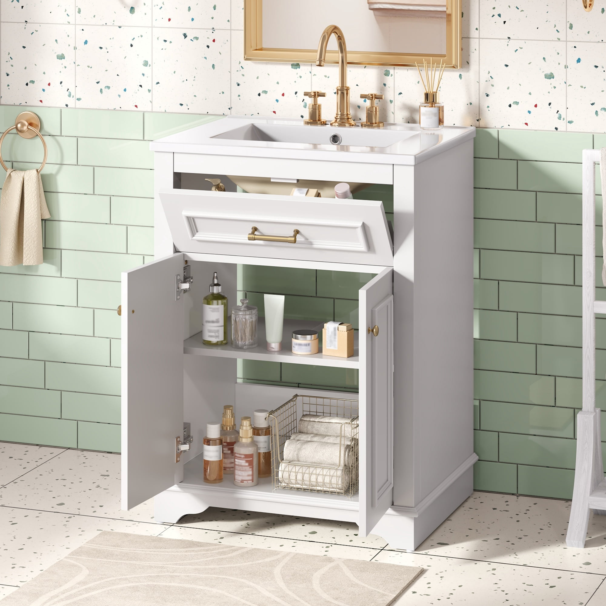 Euroco 24" Bathroom Vanity with Integrated Ceramic Sink, Bathroom Cabinet with 2 Doors, 1 Tip-Out Drawer, Single Sink Bathroom Vanity for Small and Medium Restroom, White