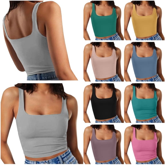 QATAINLAV Women's Sleeveless Strappy Tank Solid Color Square Neck Workout Fitness Casual Basic Crop Tops Gray M