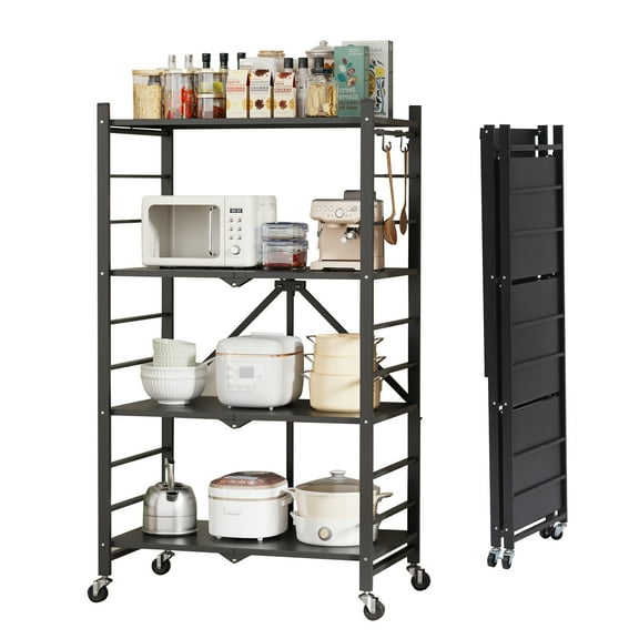 Fenbeli Storage Shelves,4-Tier Foldable Metal Wire Storage Shelf with Wheels, Heavy Duty Organizer Rack for Garage, Kitchen, Closet, Black
