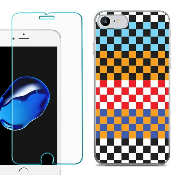 For Apple iPhone 7 / iPhone 8 Case, Slim-Fit TPU Phone Case, with Tempered Glass Screen Protector, by OneToughShield ® - Colorful Checker