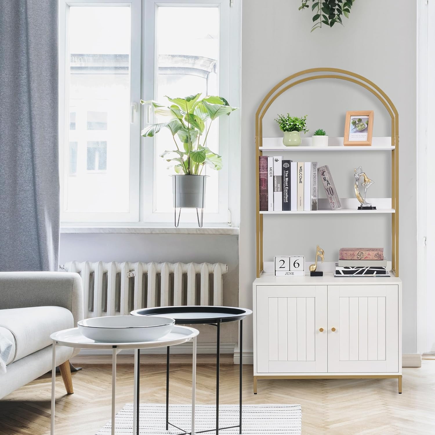 Cat litter box, cat litter box furniture with double-layer storage shelves, wooden cat restroom furniture with metal frame, modern style, white and gold