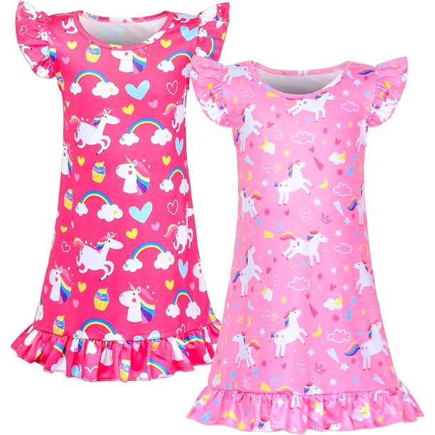 2pcs Girls Nightgowns, Unicorn Nightgown Princess Pajama Dresses for Girls Sleepwear Nightie