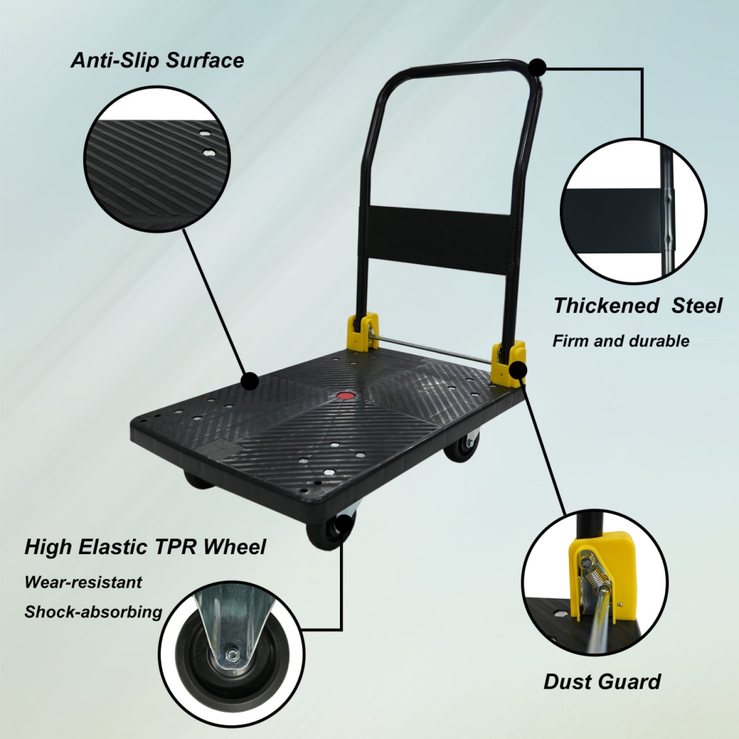 Foldable Platform Push Hand Truck Cart 880 Lbs Weight Capacity 2 Swivel Brake Wheels Black Metal Construction