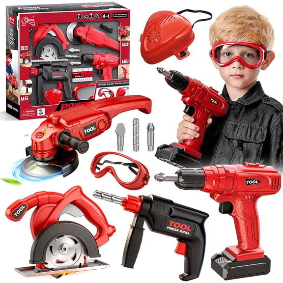 Chuvikid 4 in 1 Realistic Construction Tool Toy,Kids Tool Set with Drill,Dust Mask,Goggles,Tool Playset Gifts for Kids Ages 3-12 Years Old
