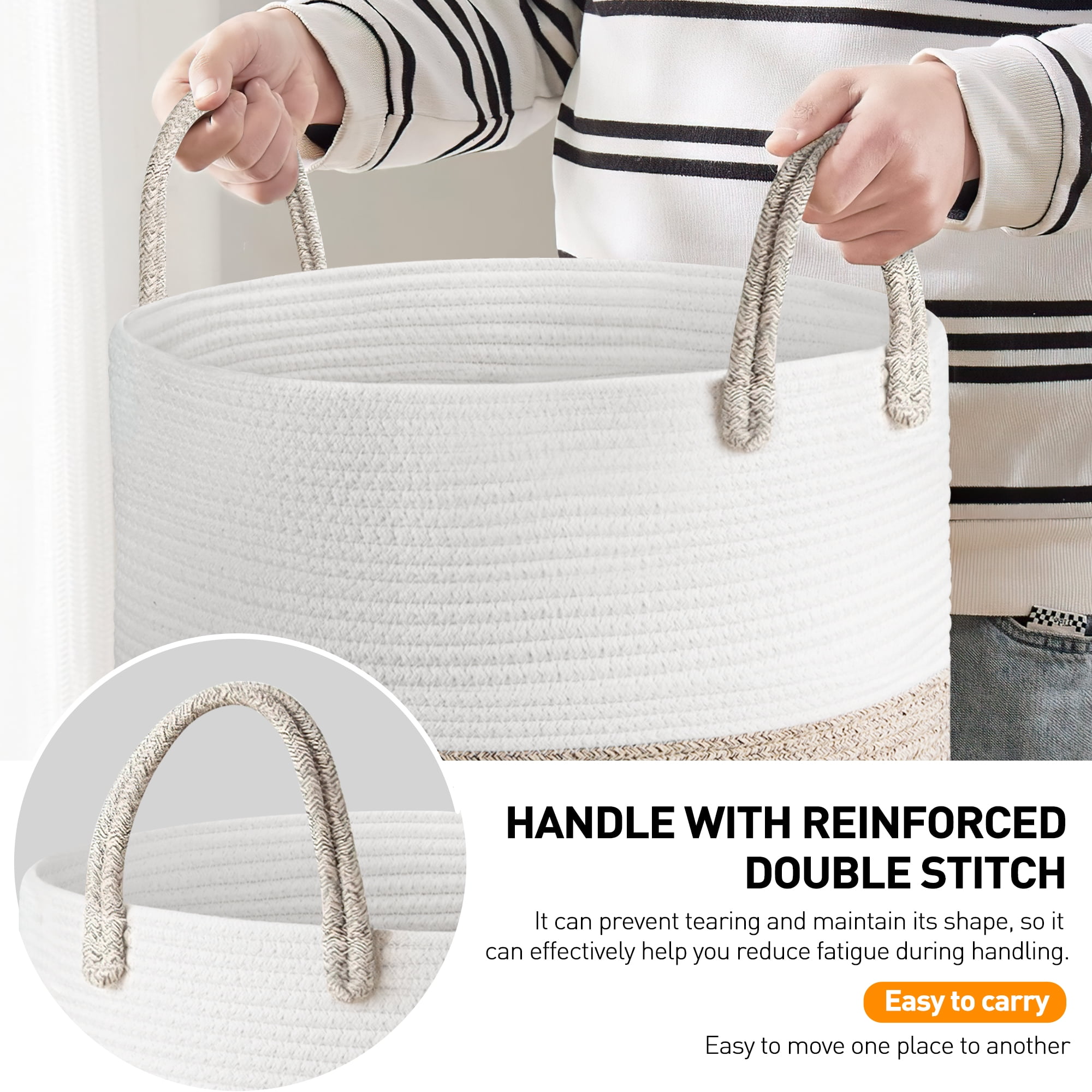 Large Cotton Rope Basket, 15"x15"x20"(58L) Woven Baby Laundry Blanket Basket, Toy Basket with Handle, Laundry Hamper for Storage, Blanket Basket for Living Room, Laundry, Nursery(Brown&White)