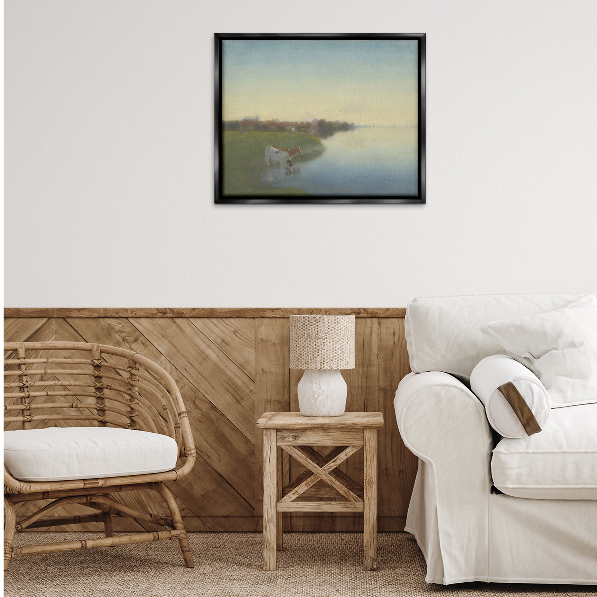 Stupell Industries Cows in Serene Shore Landscape & Nature Painting Black Floater Framed Canvas Art Print Wall Art, 31 x 25