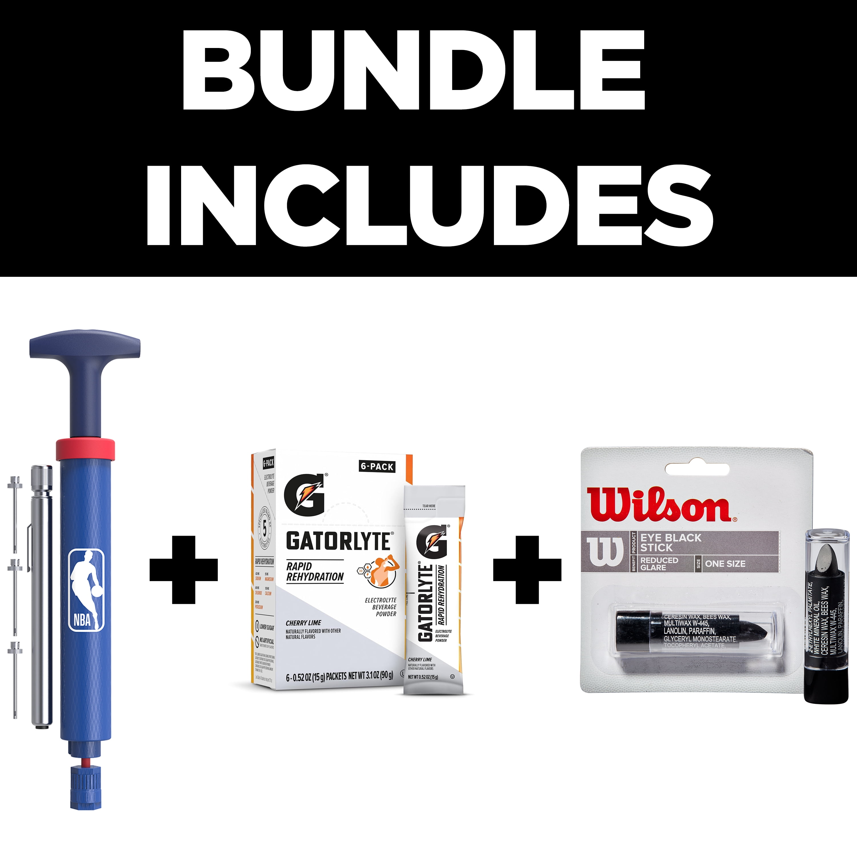 Wilson x Gatorade Basketball Court Essentials Kit - Includes Wilson NBA DRV Ball Pump Kit, Eye Black Stick, and Gatorlyte Cherry Lime Electrolyte Powder