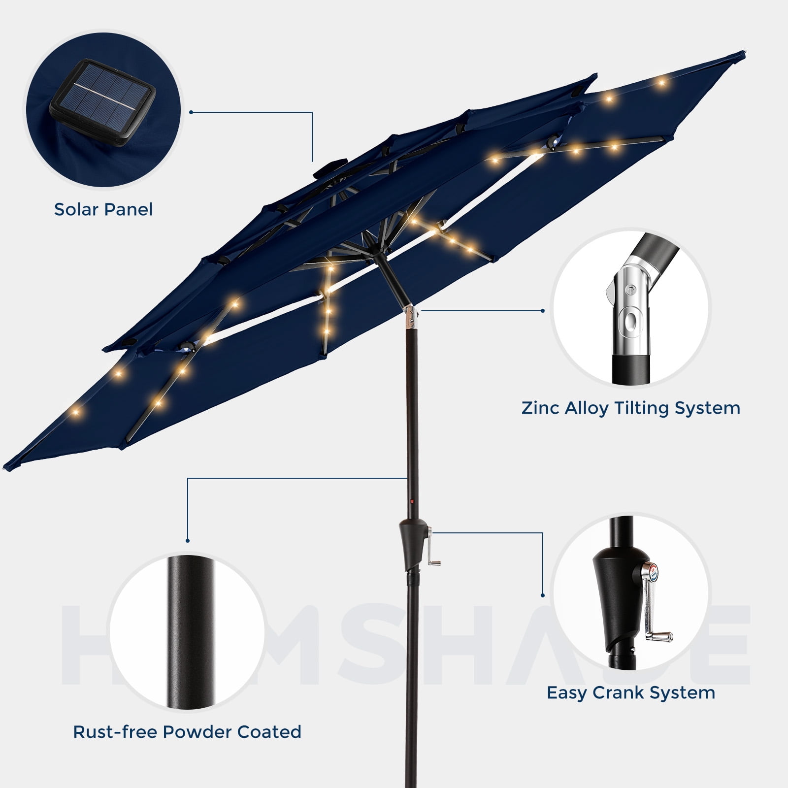 Patbrela 9ft 3-Tier Solar Patio Umbrella with LED Lights, Tilt Adjustment Outdoor Umbrella, Market Sun Shade for Beach, Backyard, Deck, Poolside, Navy