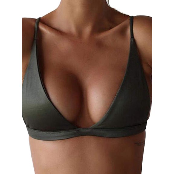 Women Halter Bikini Top Sexy Triangle Padded Push Up V-Neck Solid Spaghetti Strap Swim Tops