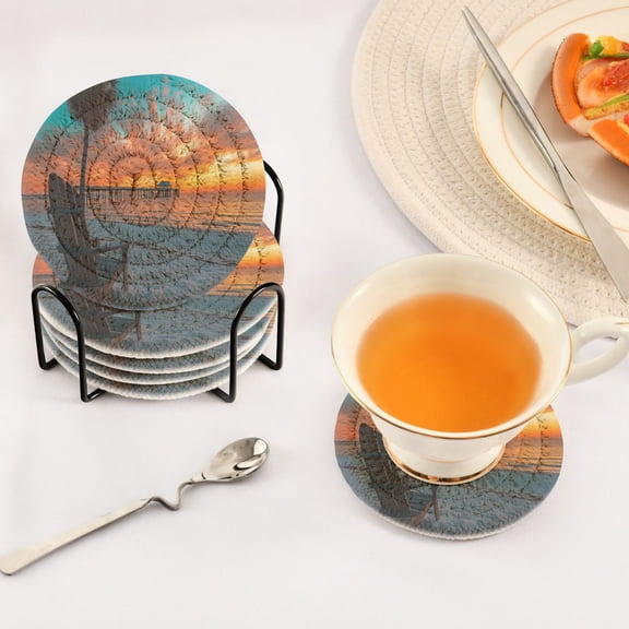 BZSMCE 6Pcs Drink Coasters With Holder 3.94Inch Beach Sunset with Pier Creative Coil Coaster Coasters Colors Absorbent Coasters for Drinks Coasters Set Thicken Heat for Home Table