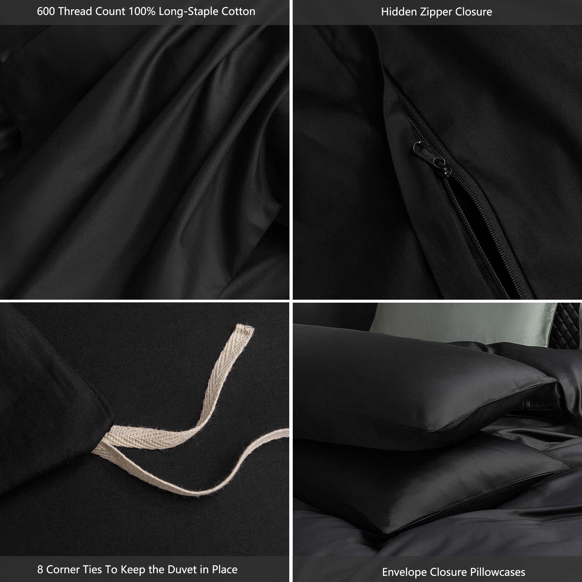 MooMee Duvet Cover Set King 600-TC 100% Extra Long-Staple Cotton Sateen Silky Smooth Luxury (Black)