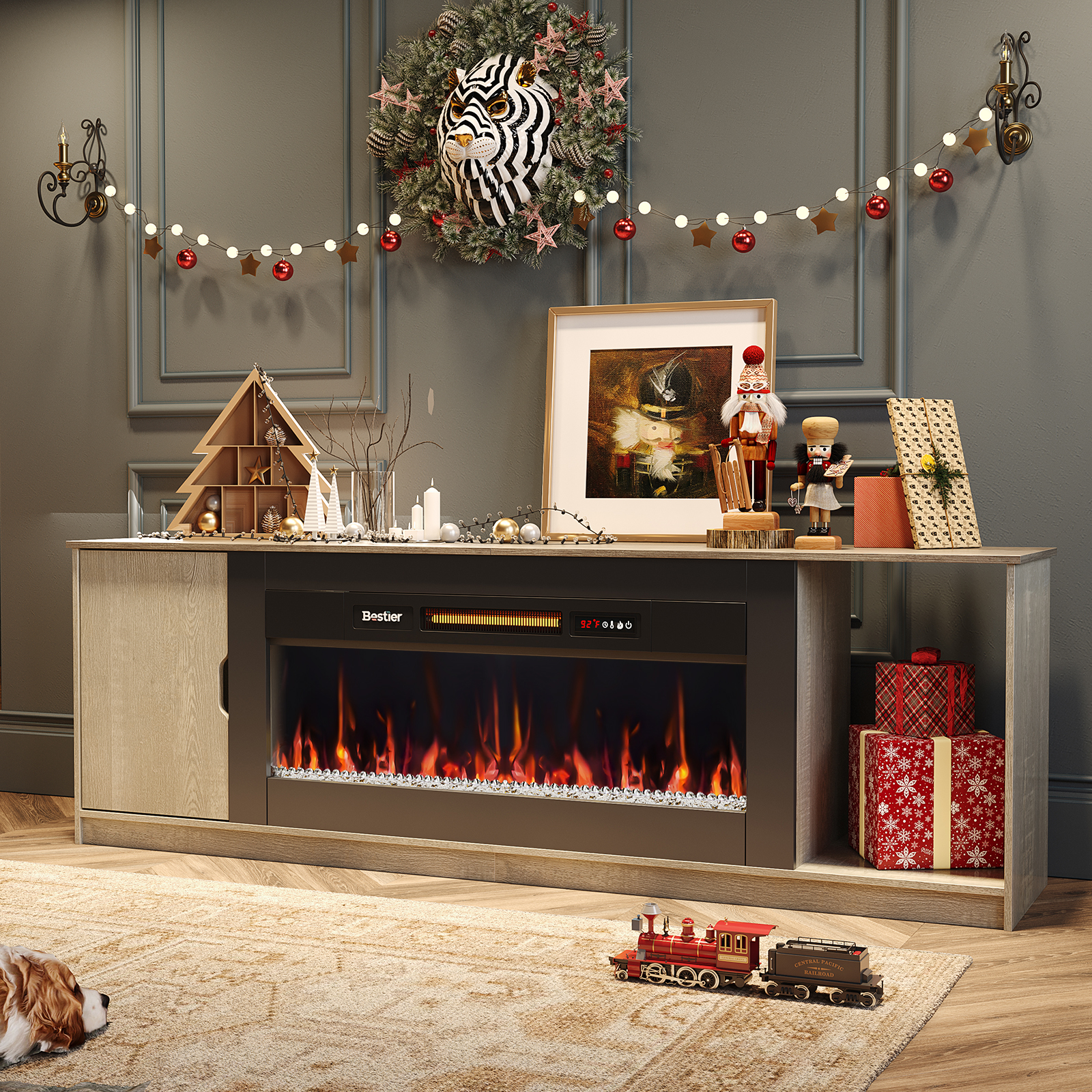 Bestier Entertainment Center with Fireplace, 70" Modern TV Stand with Storage for 80-Inch TVs, Features Timer & Remote, Ideal for PS5 Gaming, in Gray Wood