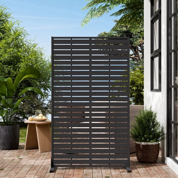 TOPCOMFY Privacy Screen Outdoor Freestanding Privacy Panel with Stand, HDPE Decorative Privacy Fence with Sandblasting Louver Pattern, Black