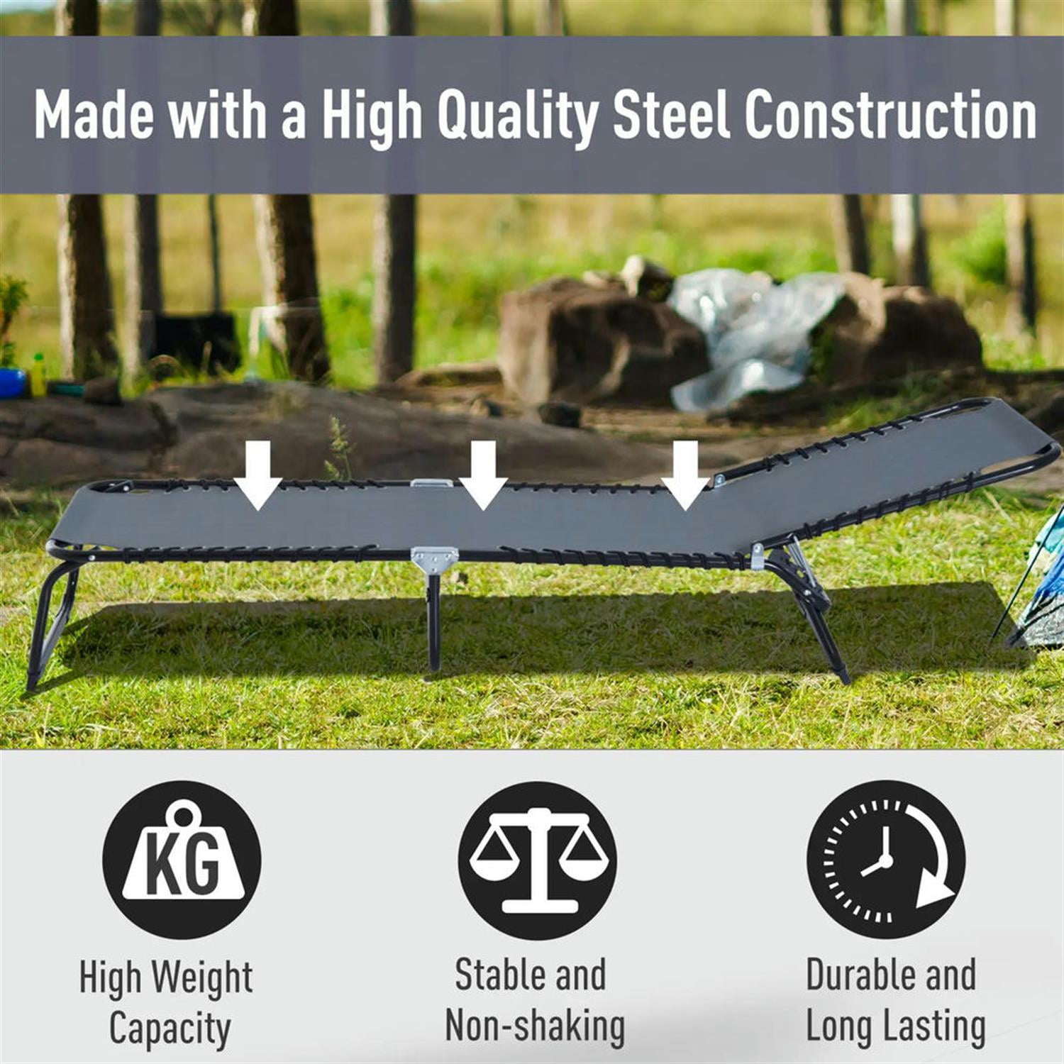 Demi Bonn Outdoor Folding Chaise Lounge with 4-Position Reclining, Mesh Seat & Bungee Back for Beach, Yard, Patio, Gray