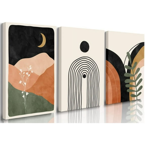 Set Of 3 Boho Wall Decor Mid Century Modern Wall Art Canvas Framed Minimalist Art Gallery Art Neutral Abstract Geometric Prints Room Posters Black Beige Pictures for Living Room Bedroom 12"x16"