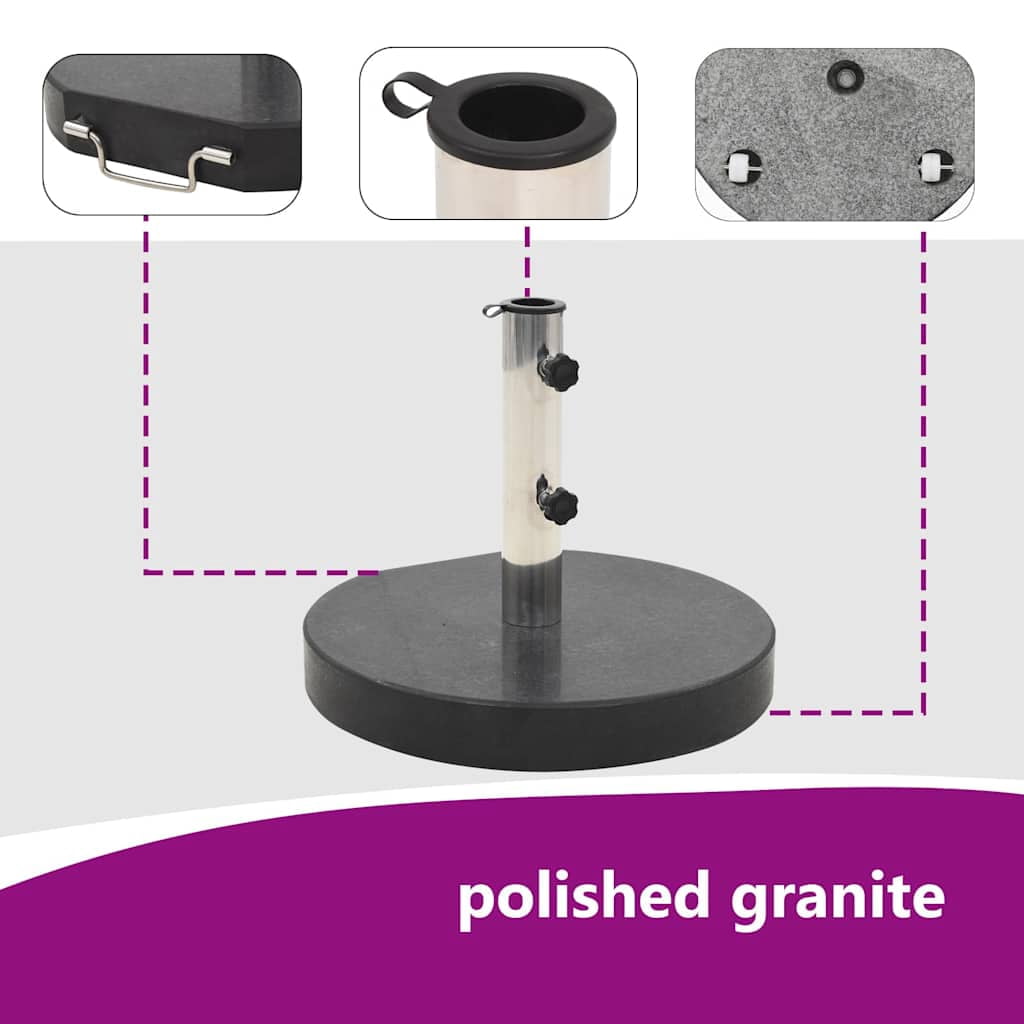 vidaXL 62.8lb Black Round Granite Weight Plate Patio Umbrella Base, with Handle and Wheel, Stainless Steel Pipe