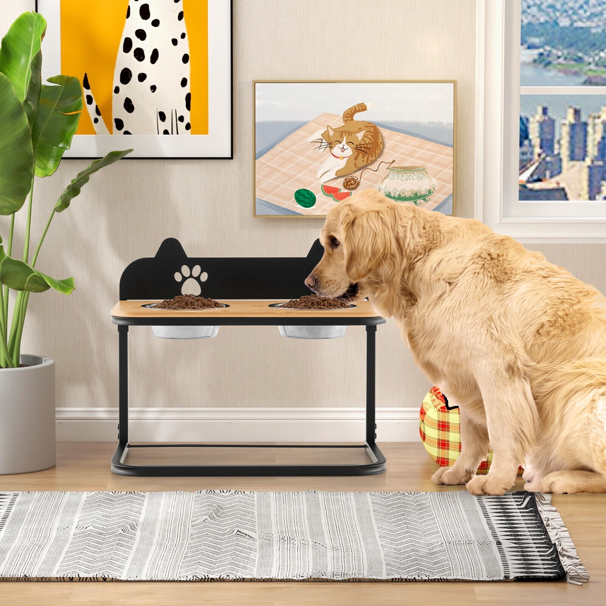 Gymax Elevated Dog Bowls 3 Adjustable Heights with 2 Stainless Steel Food Water Bowls