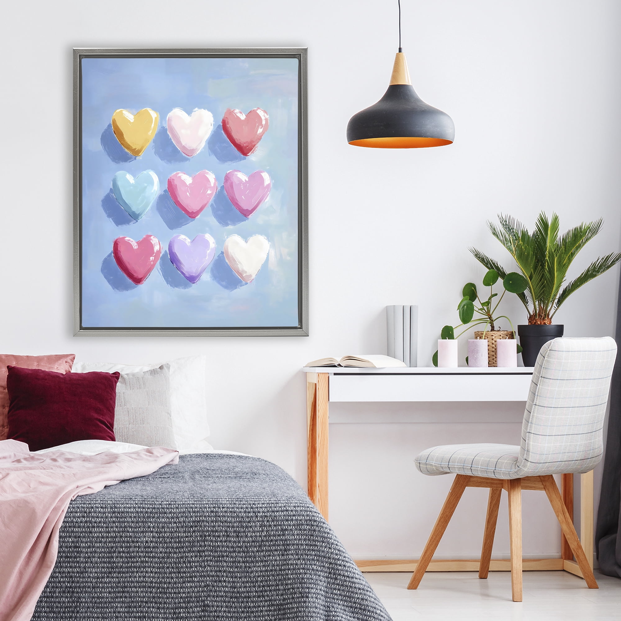 Stupell Industries Pastel Heart Grid Gray Framed Floater Canvas Wall Art, design by The Prints Vibe