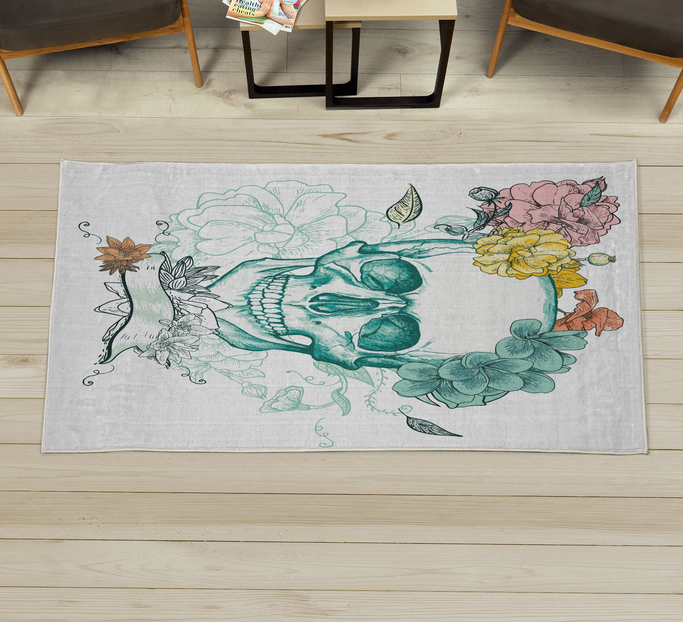Grunge Decorative Rug, Skull and Flowers Day of the Dead Mexican ...