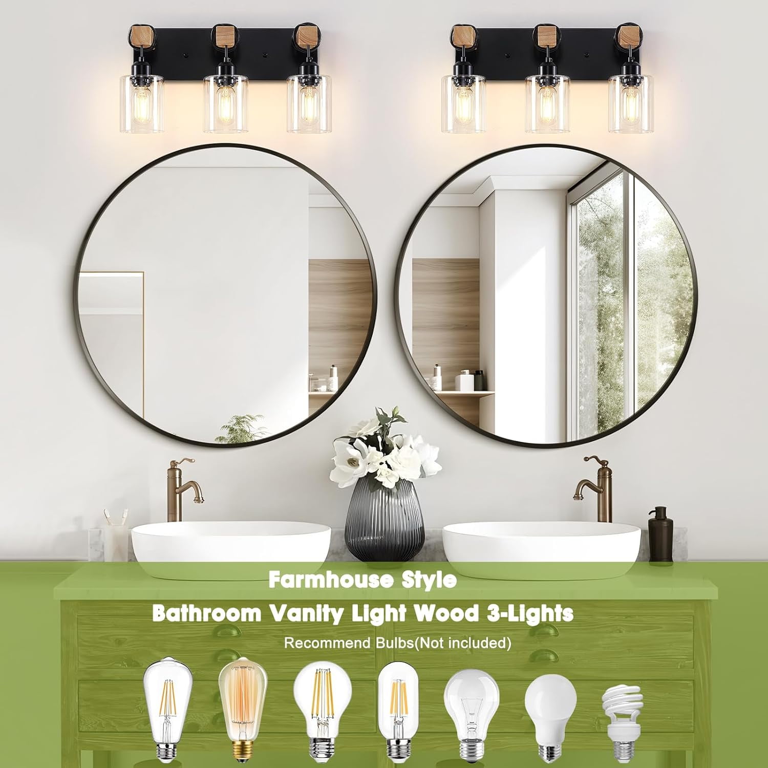 Farmhouse 3-Lights Wood Bathroom Vanity Light Black Bathroom Light Fixtures over Mirror with Clear Glass Shades for Living Room, Bedroom, Hallway