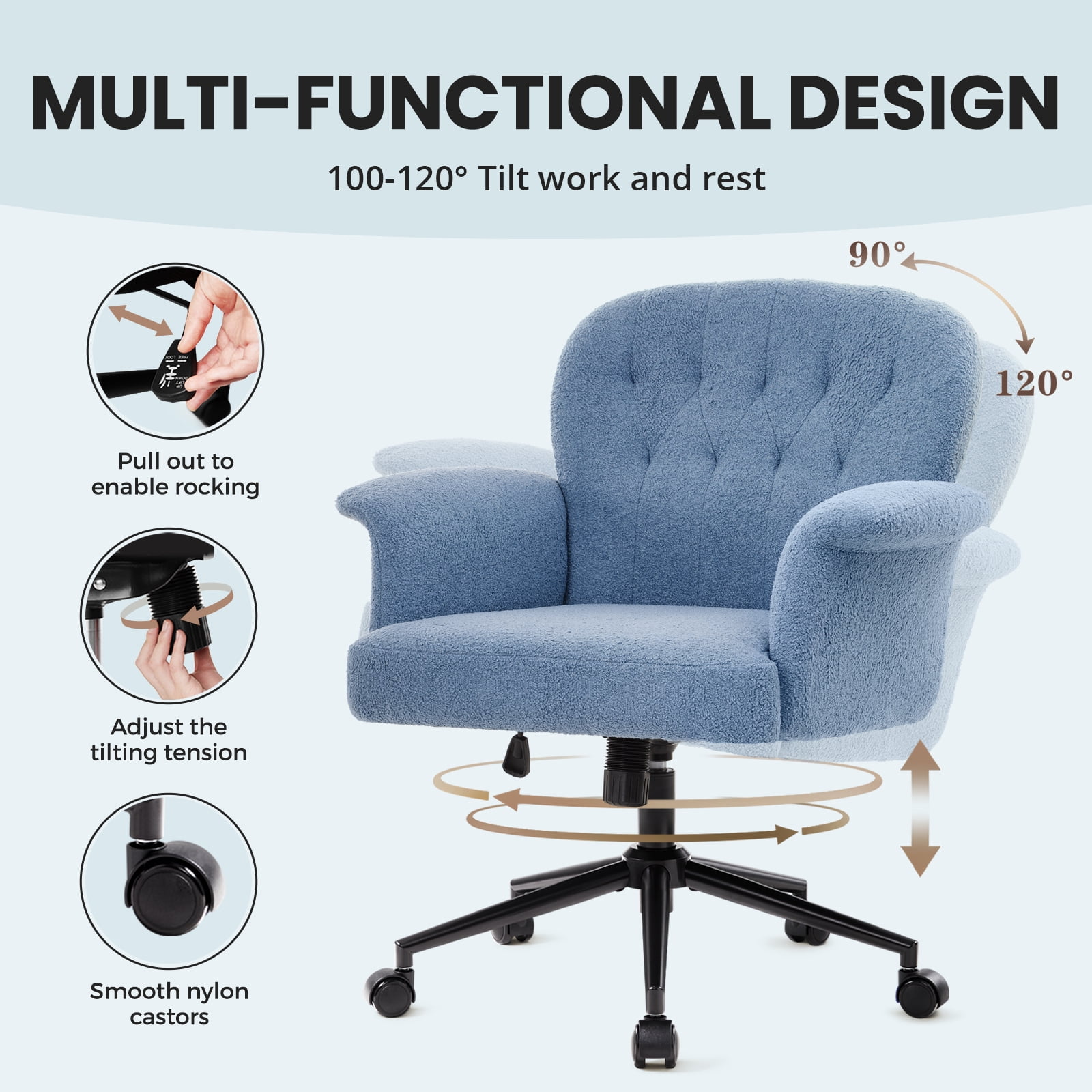Office Chair for Home, Vanity Chair, Ergonomic Upholstered Modern Makeup Chairs with Wheels, Adjustable Height, for Bedroom, Living Room