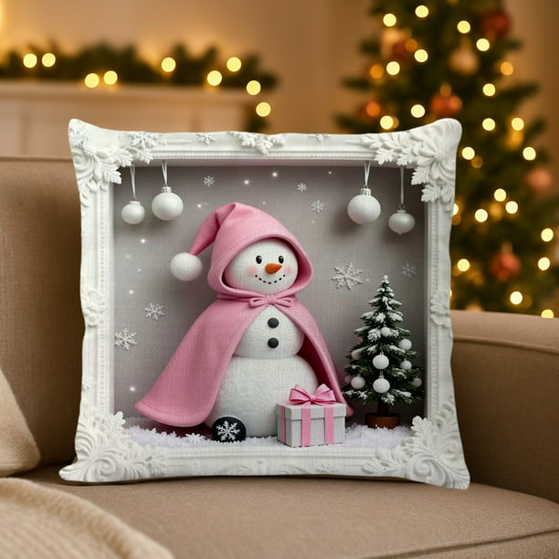 Funda de Almohada Navideña Roja de 45 X 45 Cm, Decoración Navideña de Muñeco de Nieve, Funda de Cojín de Lino con Bordado de Imitación.
