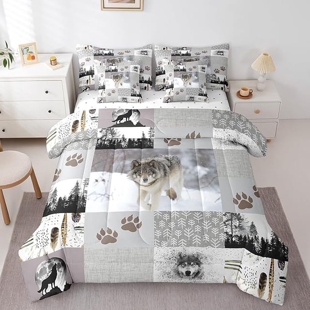 7 Pieces Full Size Wolf Kids Comforter Set,Wolf Paws Print Pine Trees Wild Adventure Bedding Set,Geometric Plaids Patchwork Rustic(Comforter+Fitted+Flat Sheet+2 Pillowcases+2 Throw Pillow Covers)