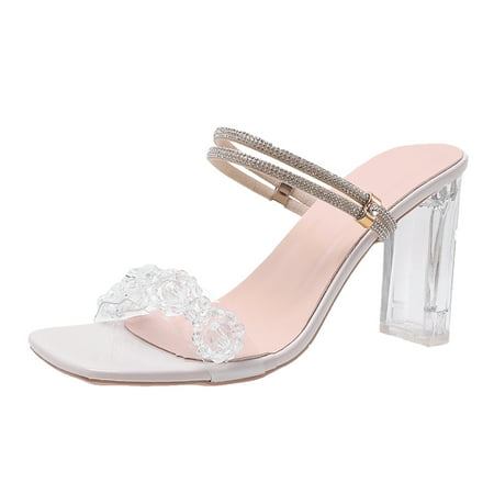

adviicd Women s Slide Pumps Cork Ladies Summer Transparent Thick High Heel Thin Strap Womens Pumps Slides