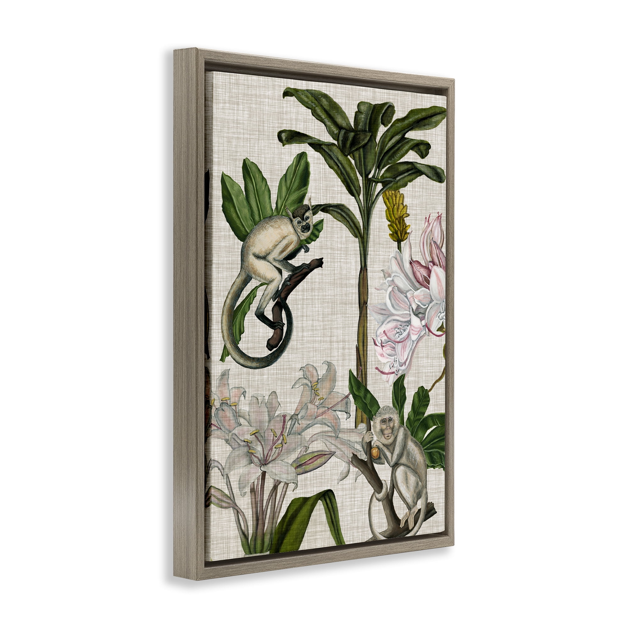 Stupell Industries Vintage Monkey & Plants Plants & Flowers Painting Brown Floater Framed Canvas Art Print Wall Art, 21 x 31