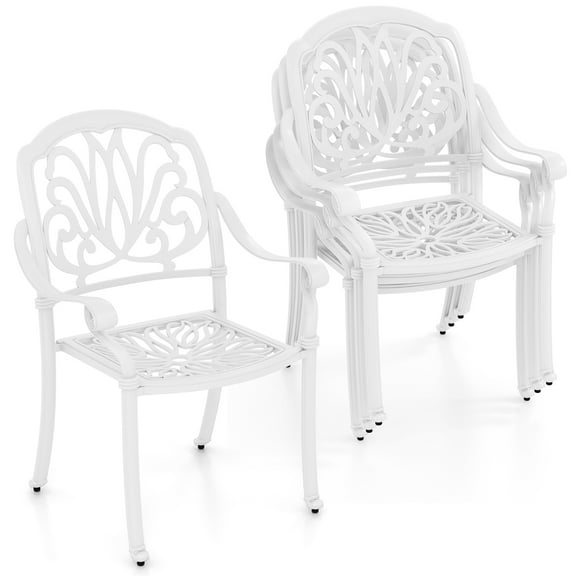 Gymax Set Of 4 Patio Cast Aluminum Dining Chairs Armrests Outdoor Stackable White