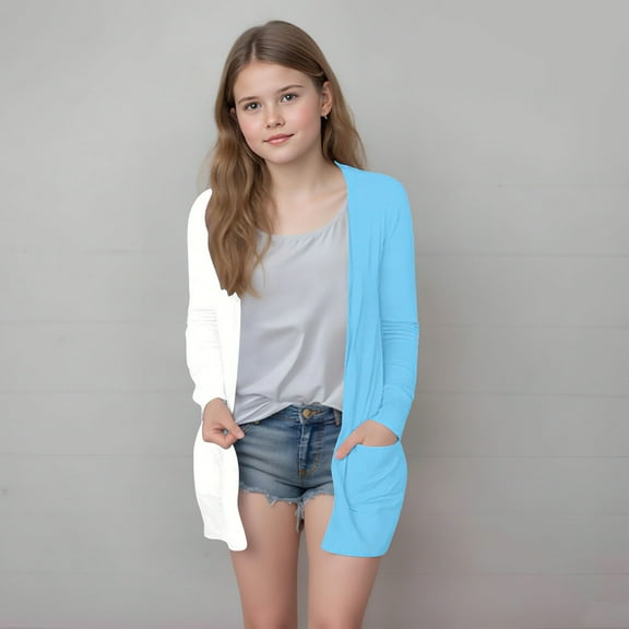 ATOGUTA Cardigan Girls Kids Long Cardigan Open Front Outerwear with Pockets Size 5T-14, Blue