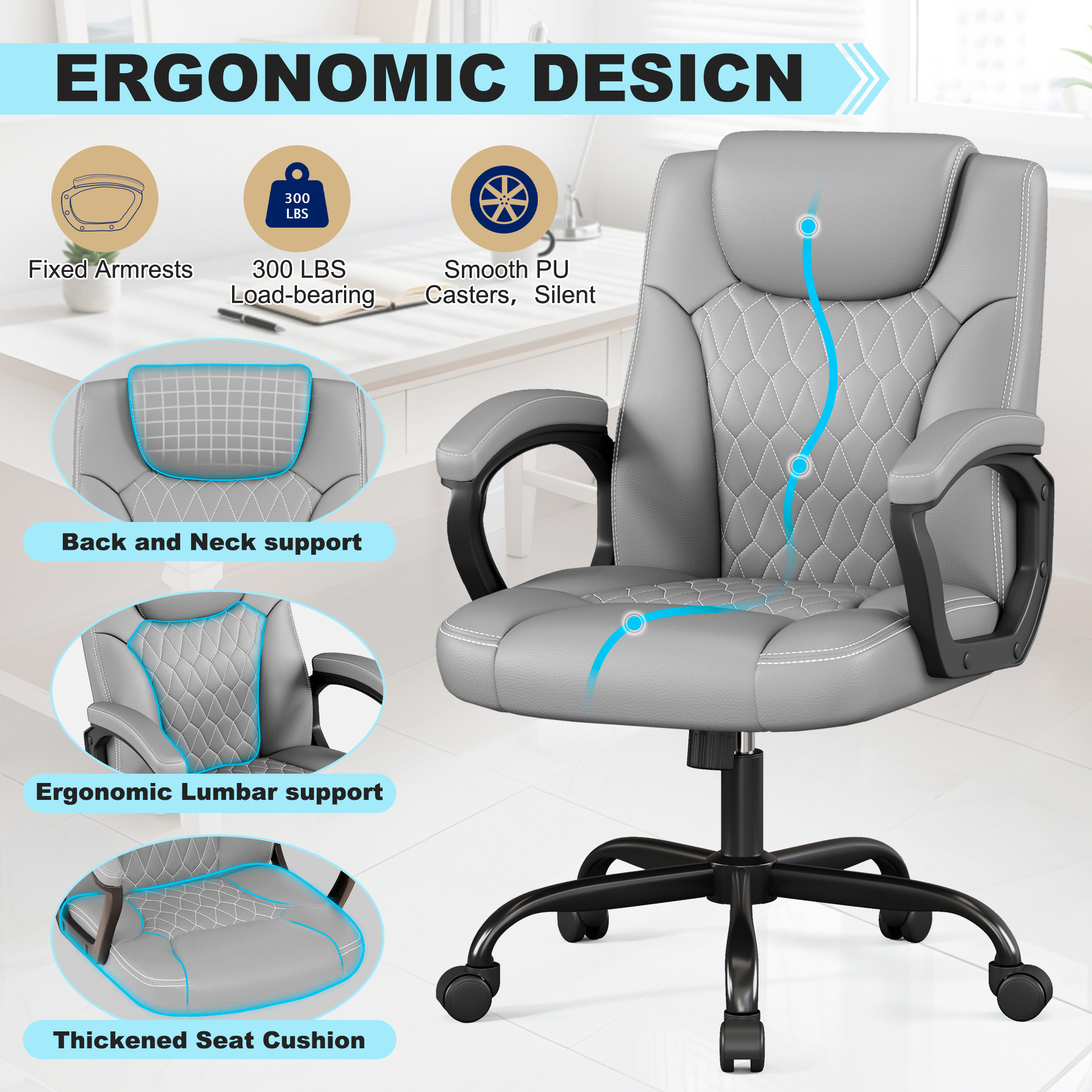 Misolant Office Chair, Executive Desk Chair, PU Leather Comfortable Executive Chairs with Fixed Armrest, Adjustable Height, Rocking Function, 360° Swivel Wheels