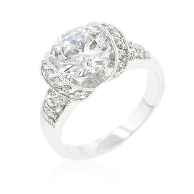 Ensemble de Tension Rhodié Authentique Bague de Fiançailles avec Centre de Coupe Rond et Pierres d'Accent en Argent - Taille 10