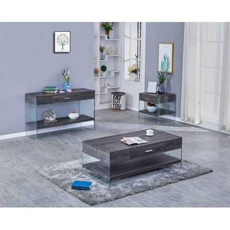 Coffee, End & Console Table Set a Drawer & Glass Legs, High Gloss Finish