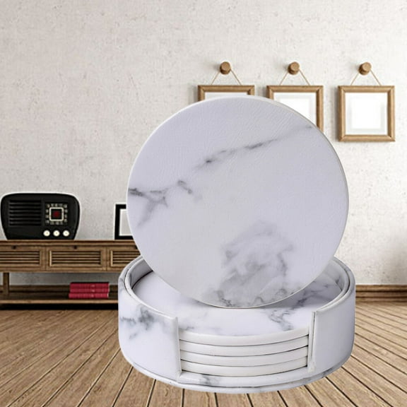 GOOHOCHY 7 Pcs Decorative Bar Coasters Marble Coaster Set Gift Coasters White