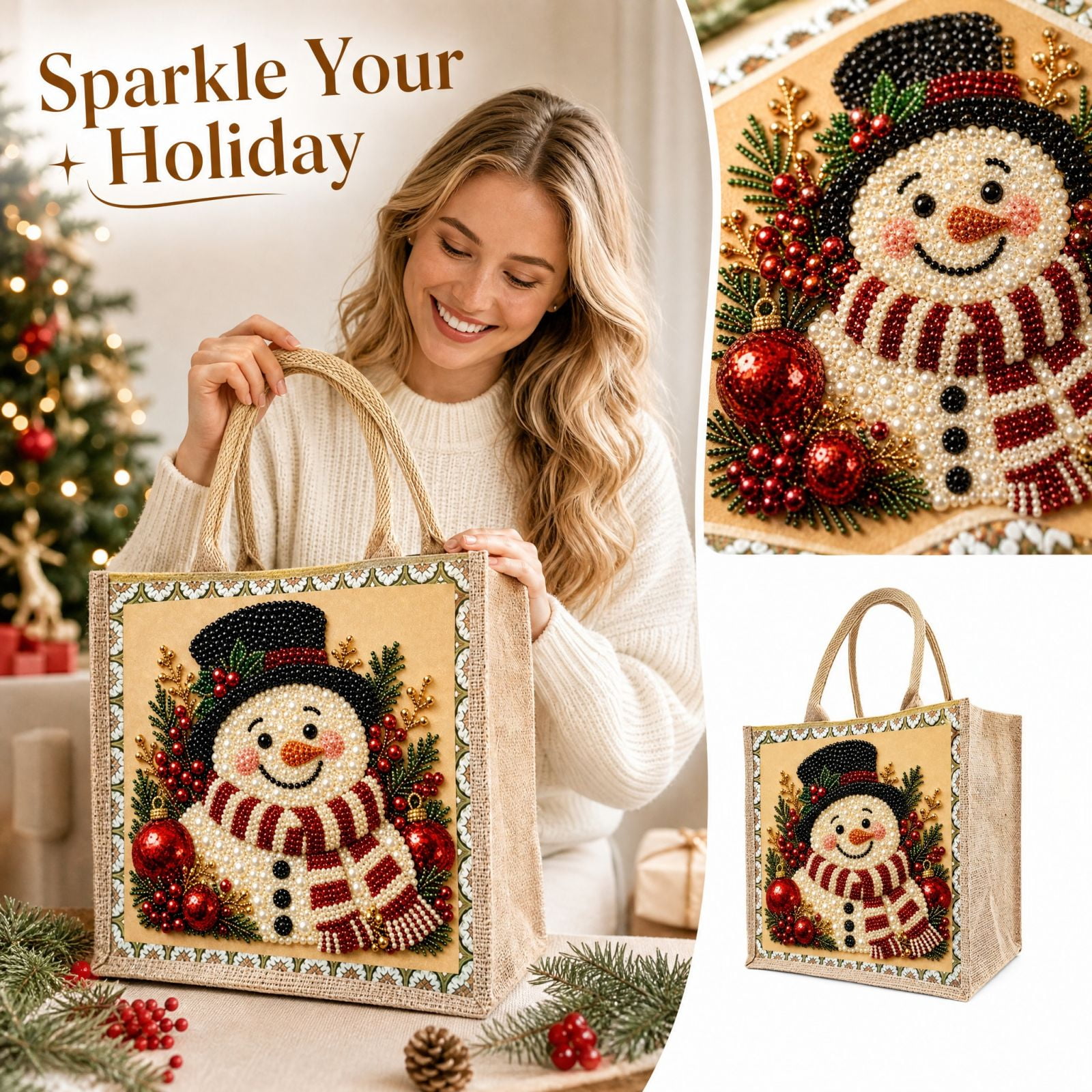 DIY Christmas Snowman Pearl and Diamond Painting Tote Bag Decor Art Craft Kit Holiday Christmas Decor Handmade Home Decoration Gift