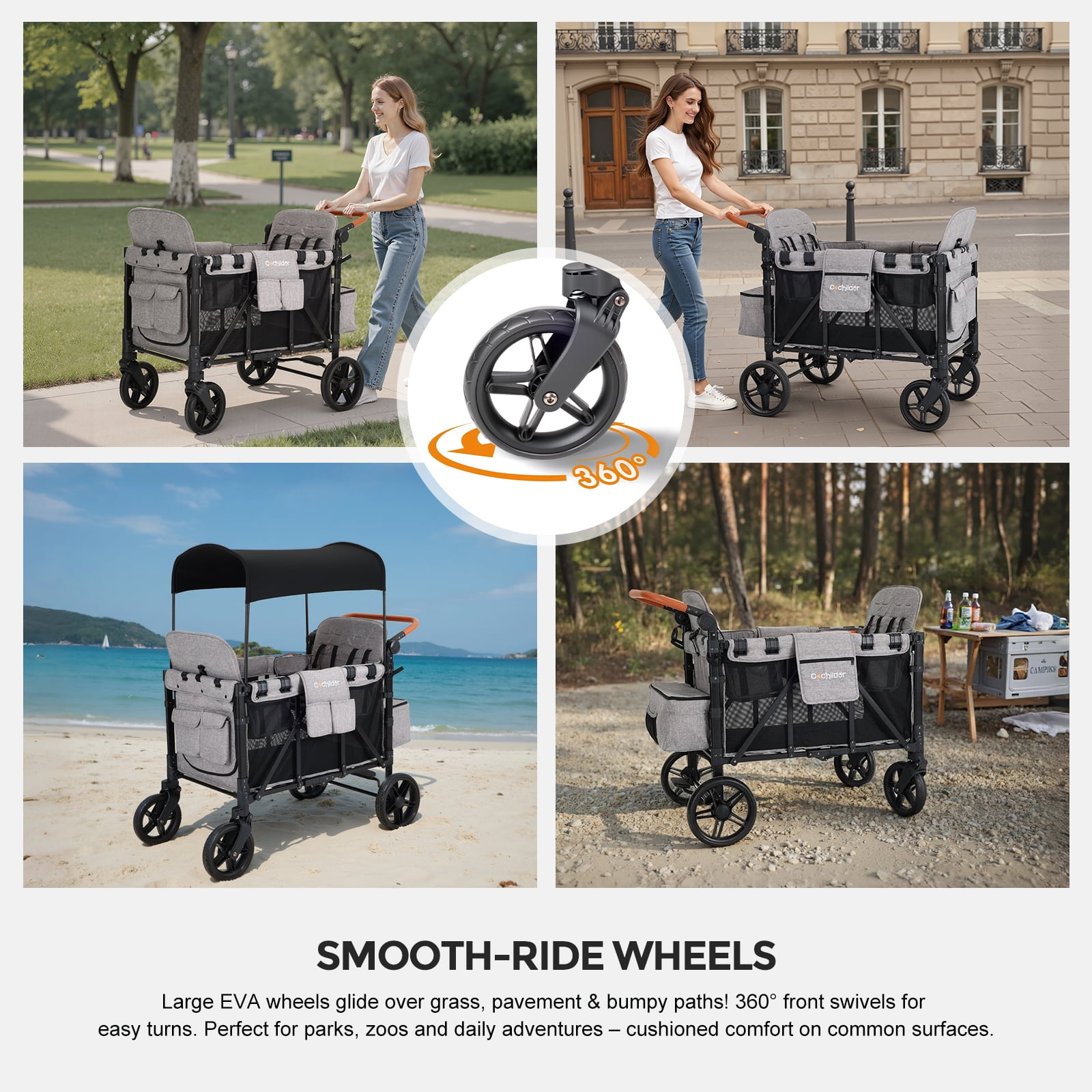 Cochildor Wagon Stroller for 4 Kids, Foldable Stroller Wagon with 5 Point Harness, Removable Canopy, Adjustable Handle Bar, Light Grey
