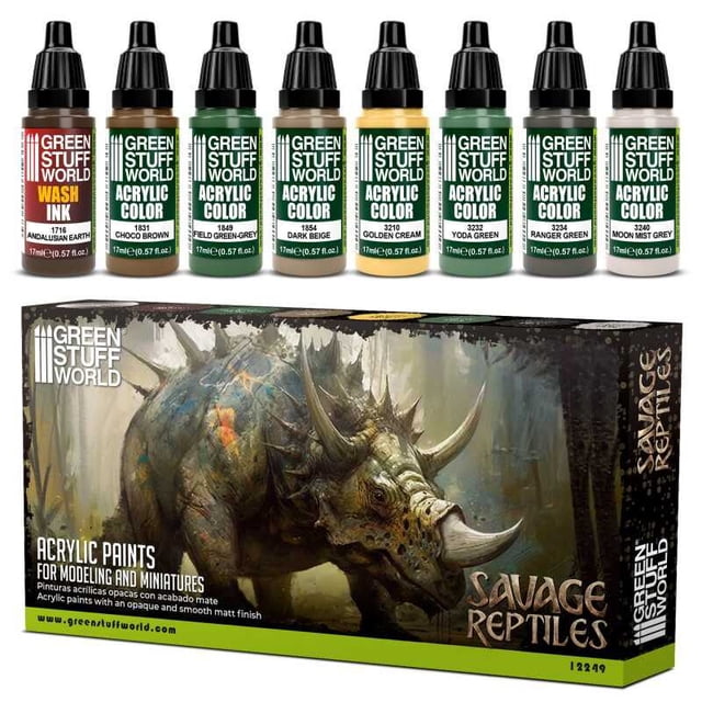 Green Stuff World Savage Reptiles Paint Kit,8 17ml Dropper Acrylics for Model Makers, Reptile Skin & Wash Ink for Dinosaur Fantasy Beast Scale Model Craft