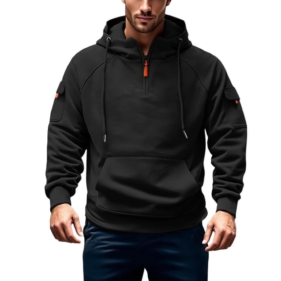 BXJX Men's Hoodie- Arm Pocket Drawstring Casual Half Zipper Sweatshirt with Multi Pockets Black Size 3XL