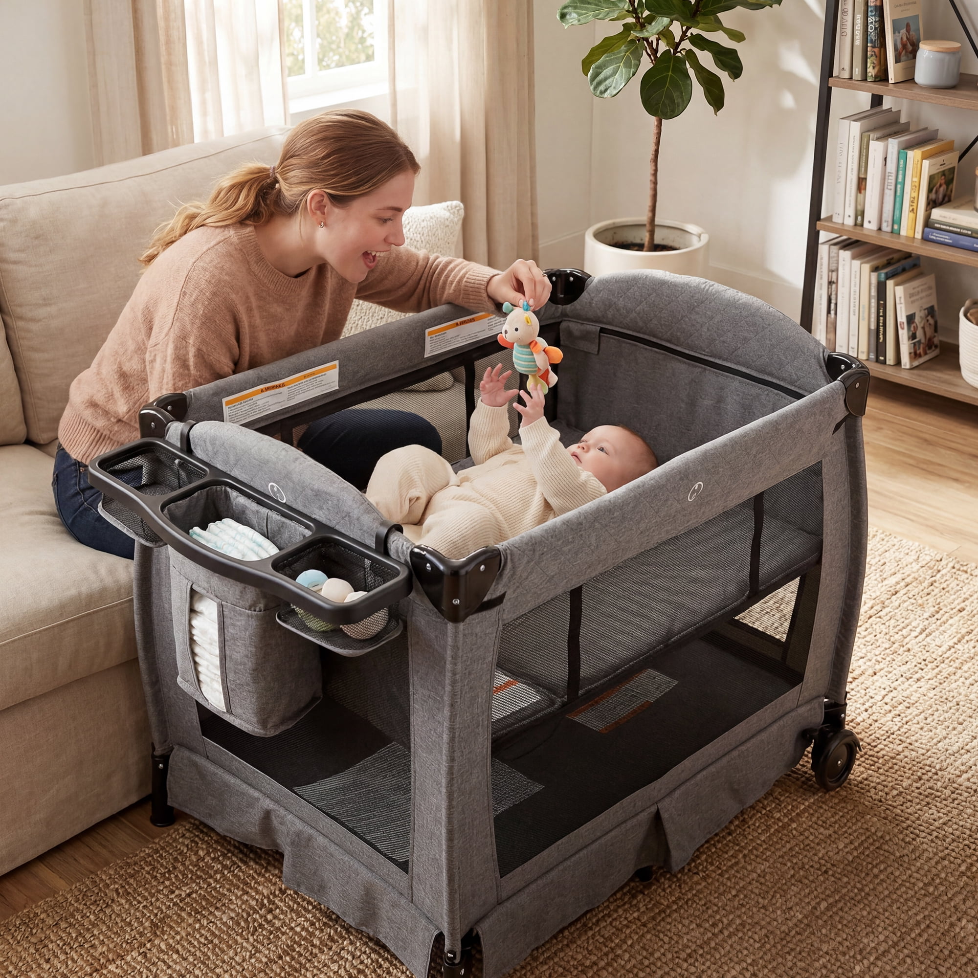 AILEEKISS 3-in-1 Foldable Baby Playard with Bassinet and Changing Table for Newborn, Grey