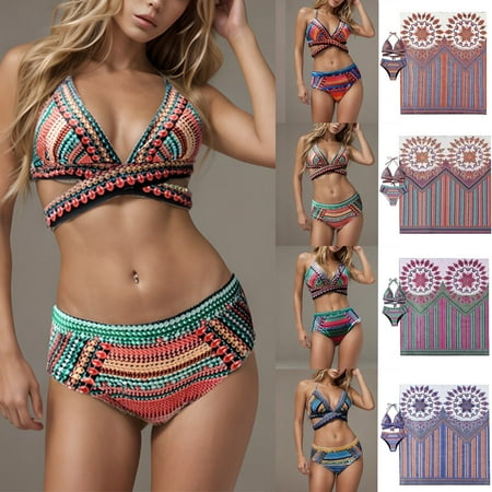 ZQGJB 3 Piece Swimsuit Retro Floral Printed Womens High Waisted Bikini Sets Twist Knot Hollow out Two Piece Swimsuit V Neck Crisscross Back Bathing Suit with Beach Cover up(Blue M)