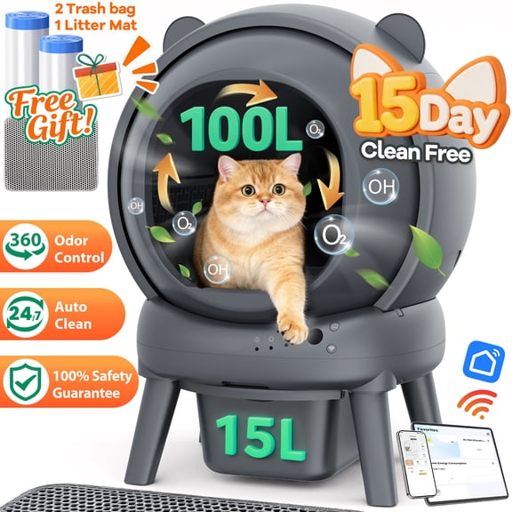 Famistar Automatic Cat Litter Box Self Cleaning, 100 15L Large Size Litter Box, 2.4G WiFi APP Control, Odor Removal, Safety Protection with Litter Mat & Liner