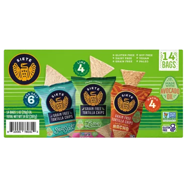 Siete Grain Free Tortilla Chips Variety Pack, 1 oz Bags (14 ct) – Gluten Free, Vegan, Paleo, Non-GMO Chips