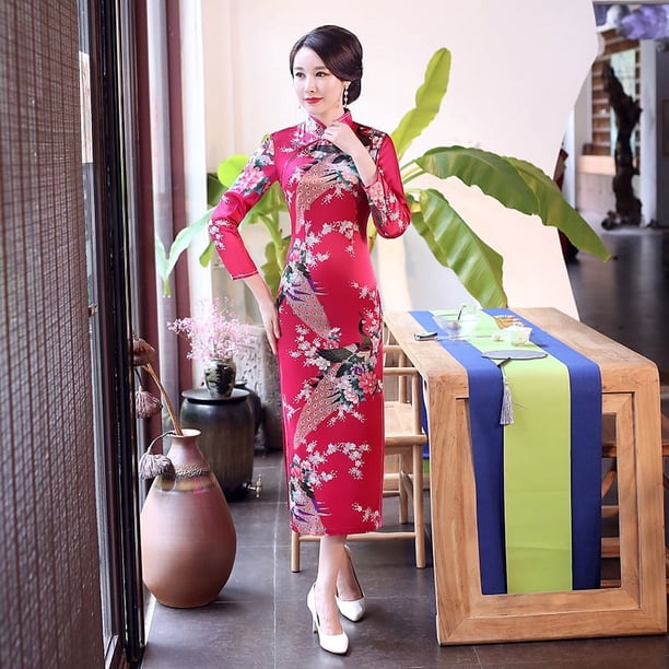 Cheongsam largo de satén con estampado de agujeros multicolor de otoño, talla grande, estilo retro, ajustado, para banquetes, pasarela