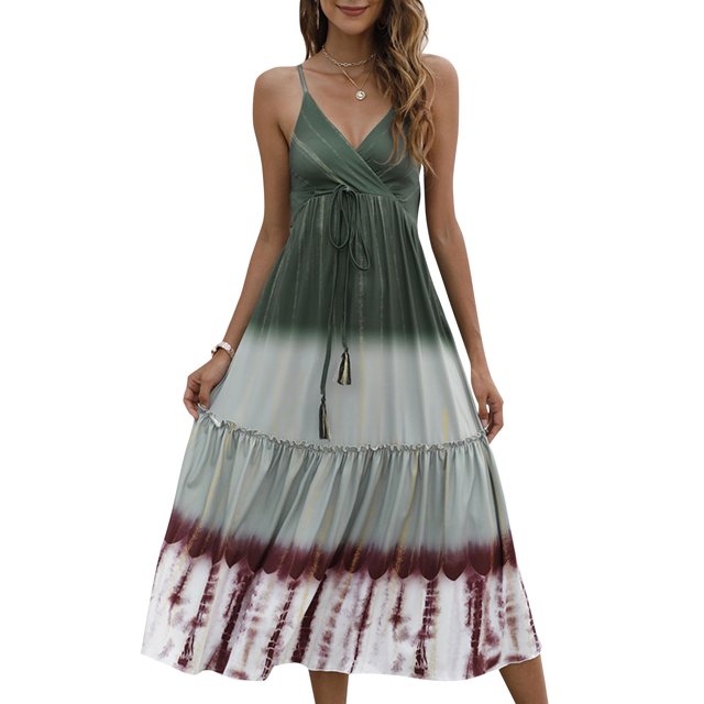 Vestido sin mangas de mujer Correas de hombro espaguetis Vestido de playa de vacaciones de cintura a Abanopi Verde/Grande