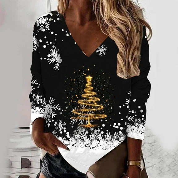 Women's Christmas Loose V Neck Snowflake Pullover Sweatshirt Long Sleeve Top