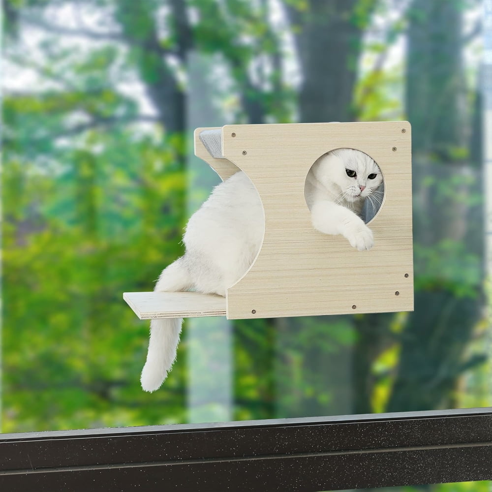 MIDODO Window Cat Perch, Sturdy Wood Cat Window Hammock with Heavy Duty Suction Cups, Cat Bed for Overlooking & Sleeping (Left)