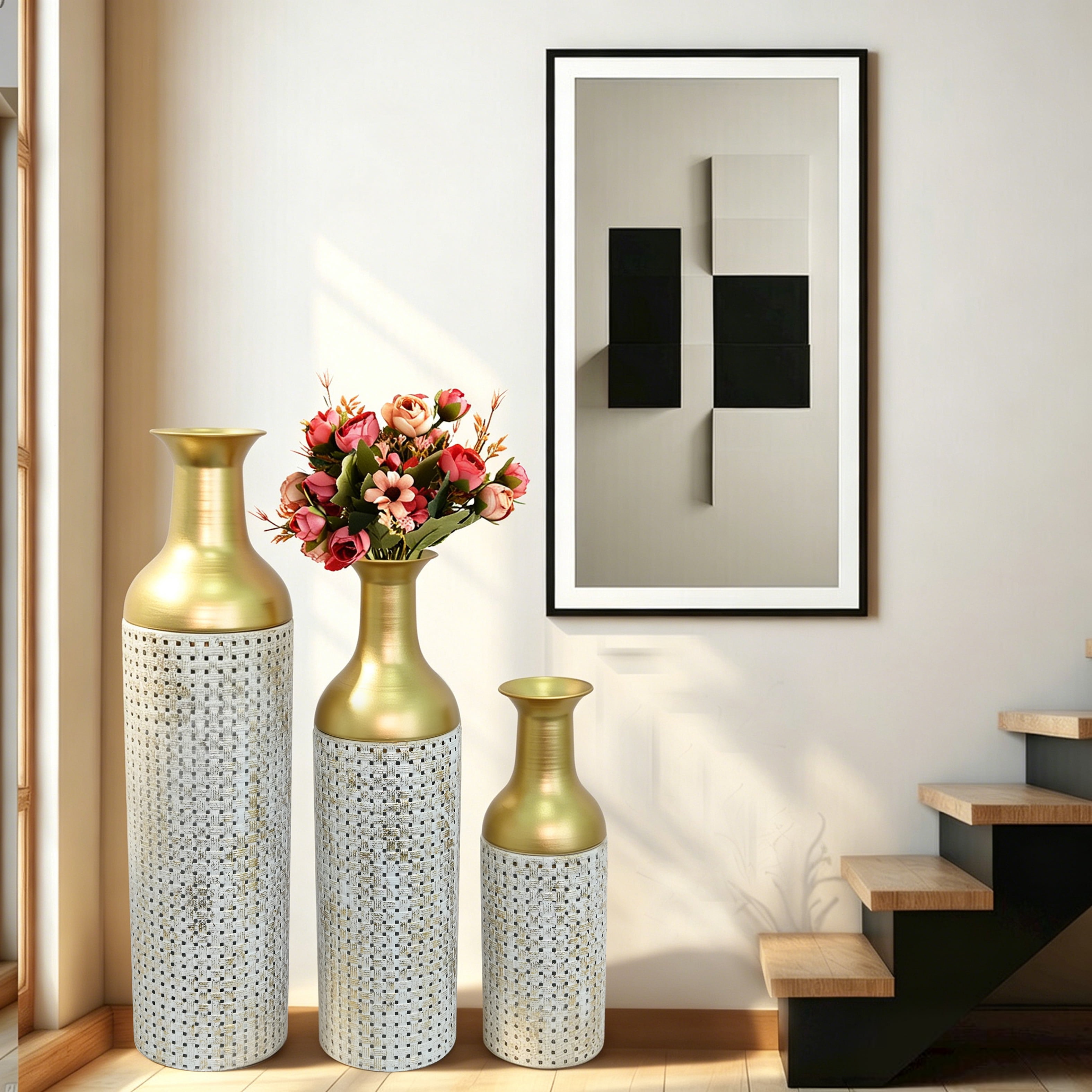 Metal Floor Vases Set of 3 with Leaf Pattern, Tall Decorative Vases and Home Decor Accents for Living Room Entryway, Antique Grey and White