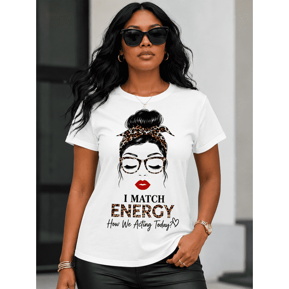 Women's Trendy Graphic Tee I Match Energy Printed Casual Short Sleeve Crewneck T-Shirt Summer Fashion Top