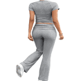 thumbnail image 5 of LYMAYTER Workout Two Piece Set‌ for Women Casual Short Sleeve Tops Fold Over Flare Pants Tracksuits S-XL, 5 of 9